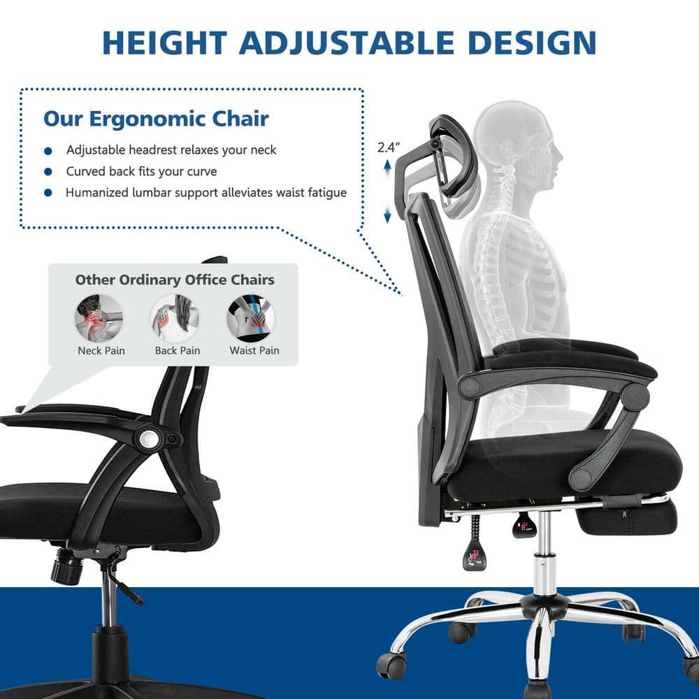 Black Mesh Ergonomic Recliner Office Chair with Adjustable Footrest