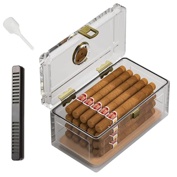 12 in. W x 8 in. H Clear Acrylic Cigar Humidor with Humidifier and Hygrometer, Holds 15-20 Cigars