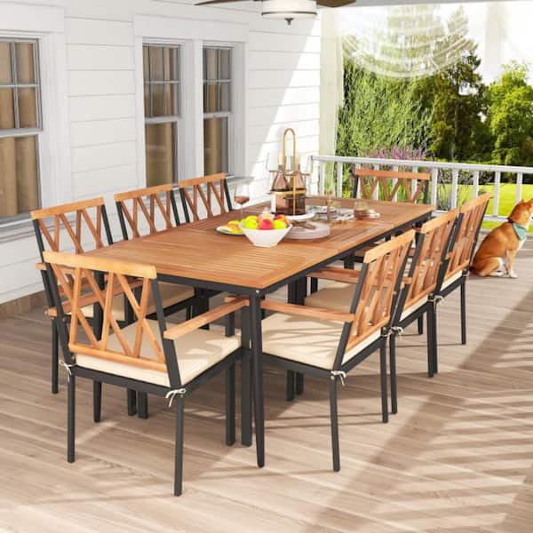 9-Piece Metal Rectangle Outdoor Dining Set with Umbrella Hole and Off White Cushions
