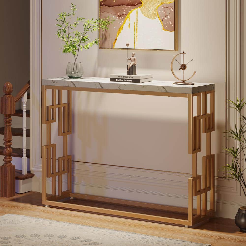 Modern Gold Console Table with White Faux Marble Top