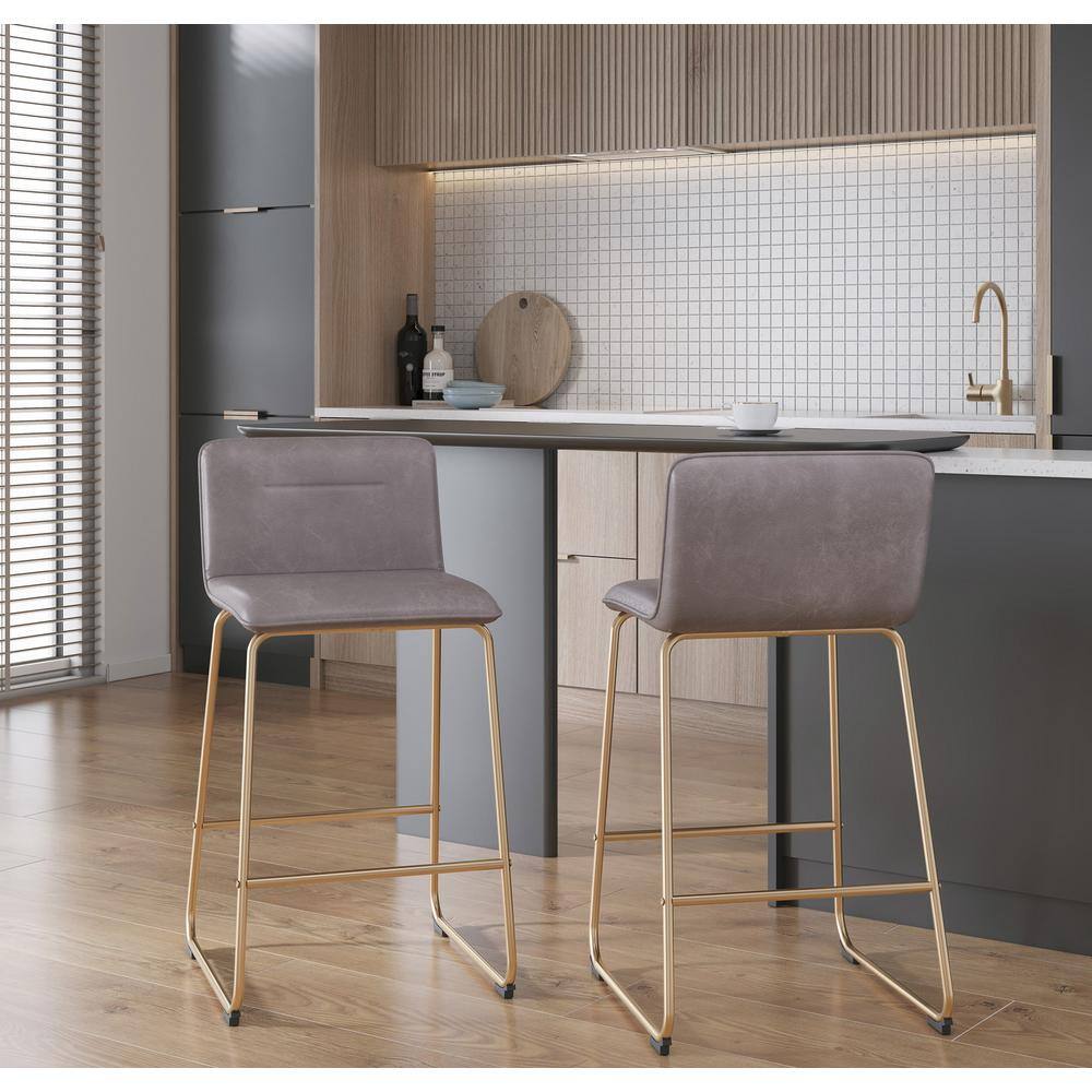 Gold Metal and Gray Faux Leather Counter Stools, Set of 2