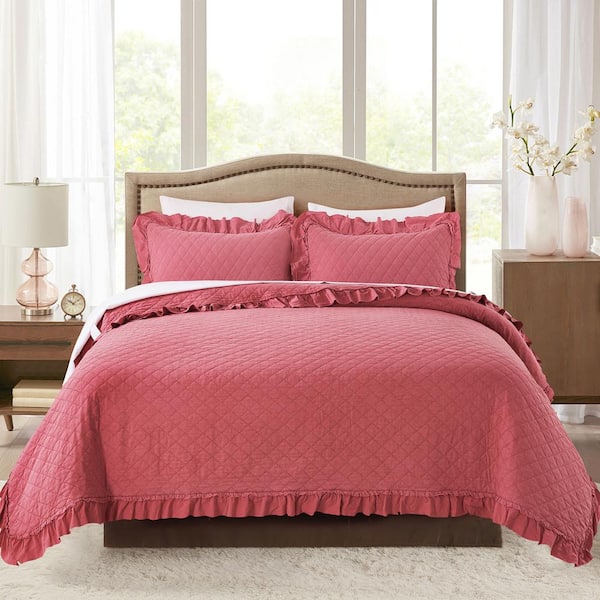 JML 3-Piece Camellia Rose Microfiber Queen Ruffled Quilt Set