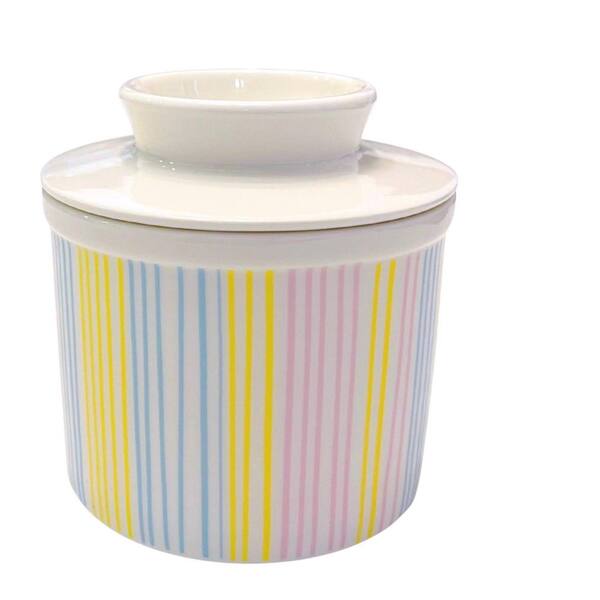 French Butter Crock with Lid Ceramic Countertop Butter Keeper with Water Reservoir Pastel Stripes Holds