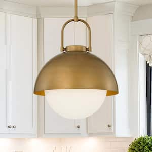 1-Light Gold Finish Modern Pendant Light Fixture with Opal Glass Shade for Dining Room or Kitchen Island