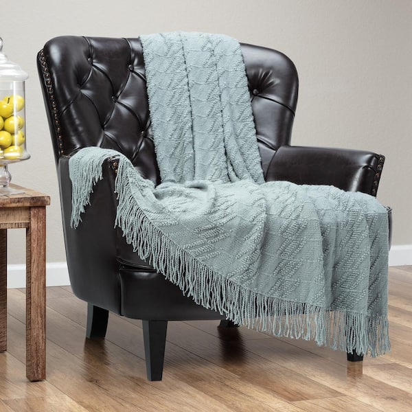 CHANASYA Textured Tan Sage Bevel Knit Acrylic Throw Blanket with Tassels, 50 x 65 in.