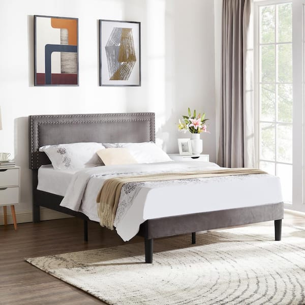 VECELO Upholstered Bed with Adjustable Headboard, No Box Spring 