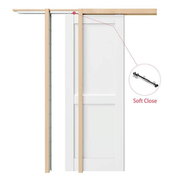 (30 in. x 2) x 80 in. White Primed Composite 2-Panel Core Pocket Double Door with Soft Close, Frame and Hardware Kit Set