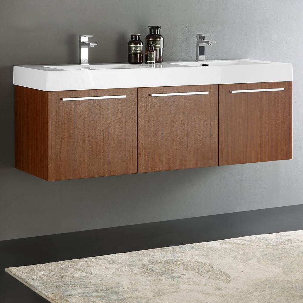 Teak Wall-Mounted Double Vanity with White Acrylic Sink