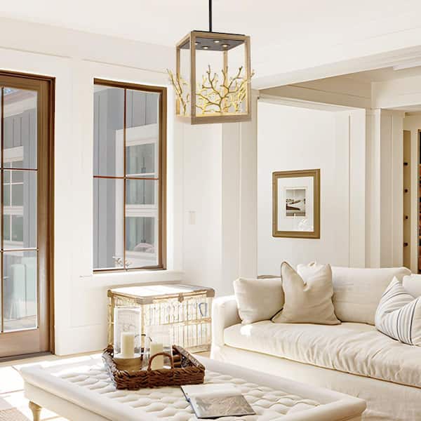 12-Watt 4-Light Modern Black LED Crystal Pendant Light Kitchen Island Chandelier with Faux Wood Cage Frame