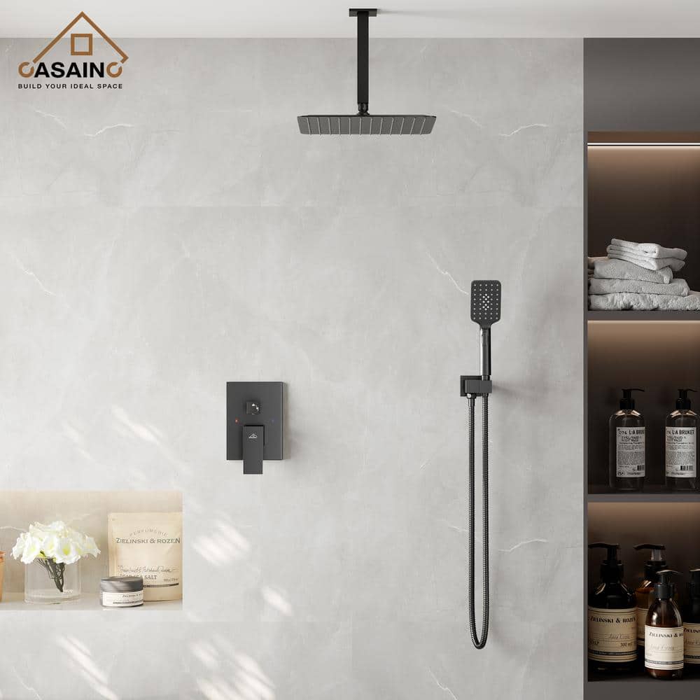 Matte Black Large Square Ceiling Mounted Dual Shower System
