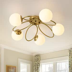 Ceder 5-Light 26.8- in. Brushed Gold Semi-Flush Mount Branch Sputnik Opal Glass Ceiling Light for Foyer and Living Room