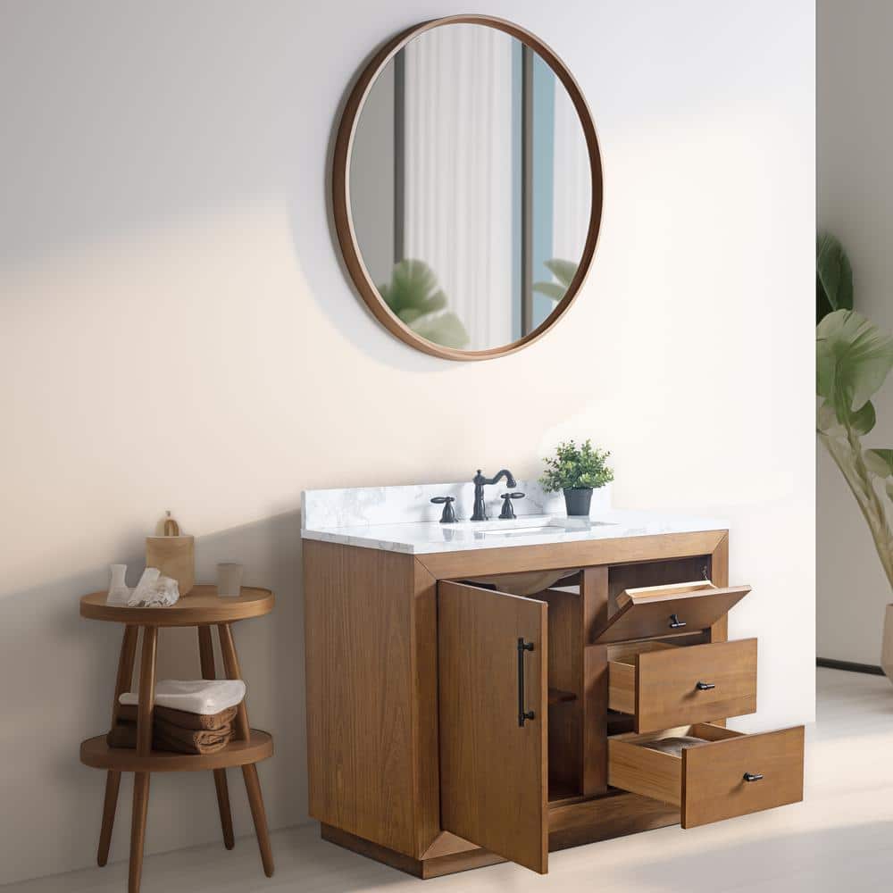 42" Tan Poplar Wood Single Bathroom Vanity with Marble Top