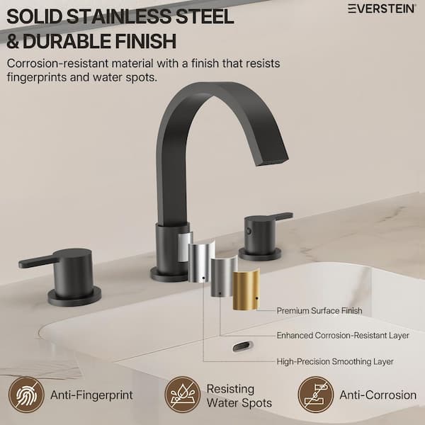 Bathroom Faucet 3-Hole 2-Handle – 8" Centerset Stainless Steel Vanity Faucet With Pop-Up Drain & Fast Connect System (Matte Black)