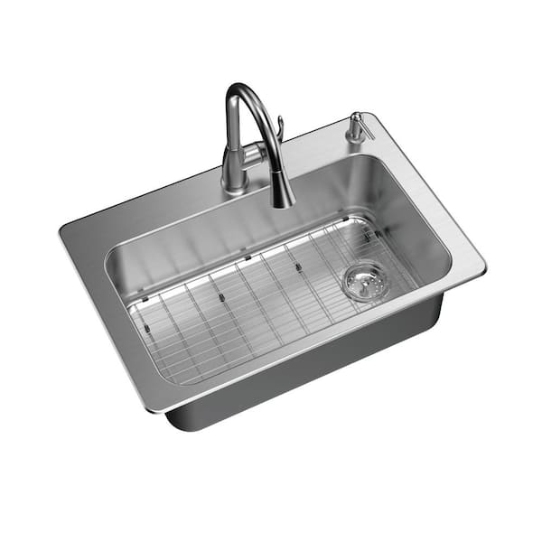 Glacier Bay All-in-One Drop-in/Undermount 18G Stainless Steel 33 in. Single Bowl Kitchen Sink with Right Drain with Pull-Down Faucet