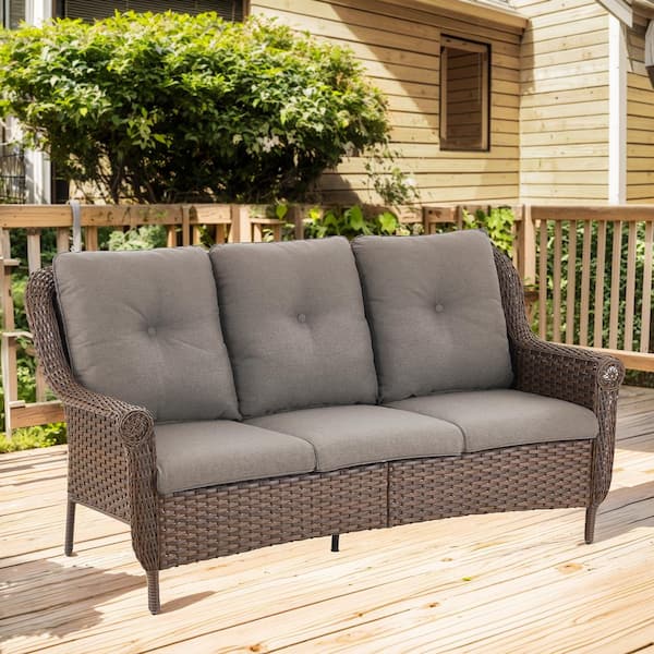 Floral Brown Wicker 3-Seat Patio Sofa Outdoor Couch with Thick CushionGuard Gray Cushions