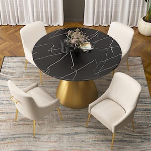 5-Piece Round Stainless Steel Black and Gold Marble Top Table Set Seats 4 (4-Beige Dining Chairs）