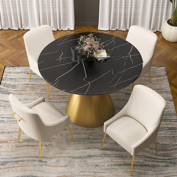 Boyel Living 5-Piece Round Stainless Steel Black and Gold Marble Top Table Set Seats 4 (4-Beige Dining Chairs）