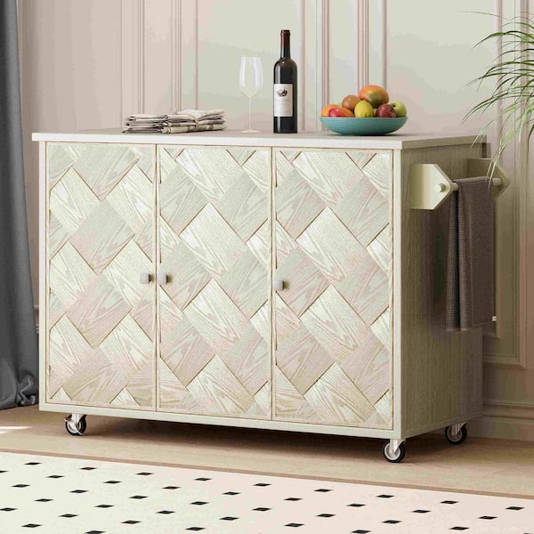 Champagne Wood 51.2 in. W Kitchen Island with Drop Leaf, Internal Storage Rack, Towel Rack