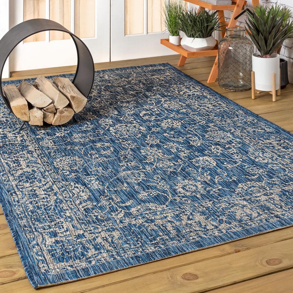 Navy and Gray Floral Synthetic 4' x 6' Reversible Area Rug