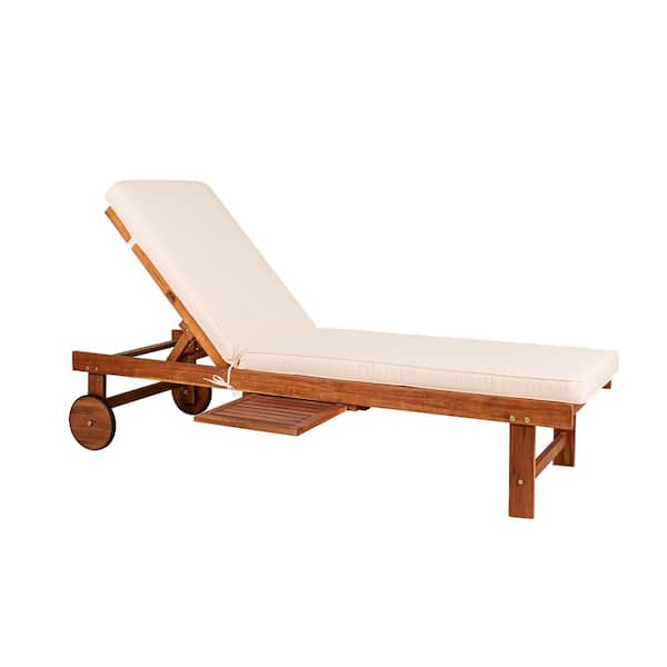 JONATHAN Y Seabrook Light Brown 69 in. x 24 in. Acacia Wood Outdoor Lounger with Cushion, 5-Position Back, Slide Table and Wheels