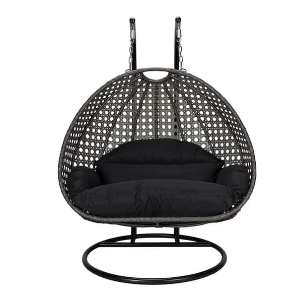 Leisuremod 2-Person Egg Swing Chair Charcoal Wicker Outdoor Patio Hanging Chair with Black Cushions