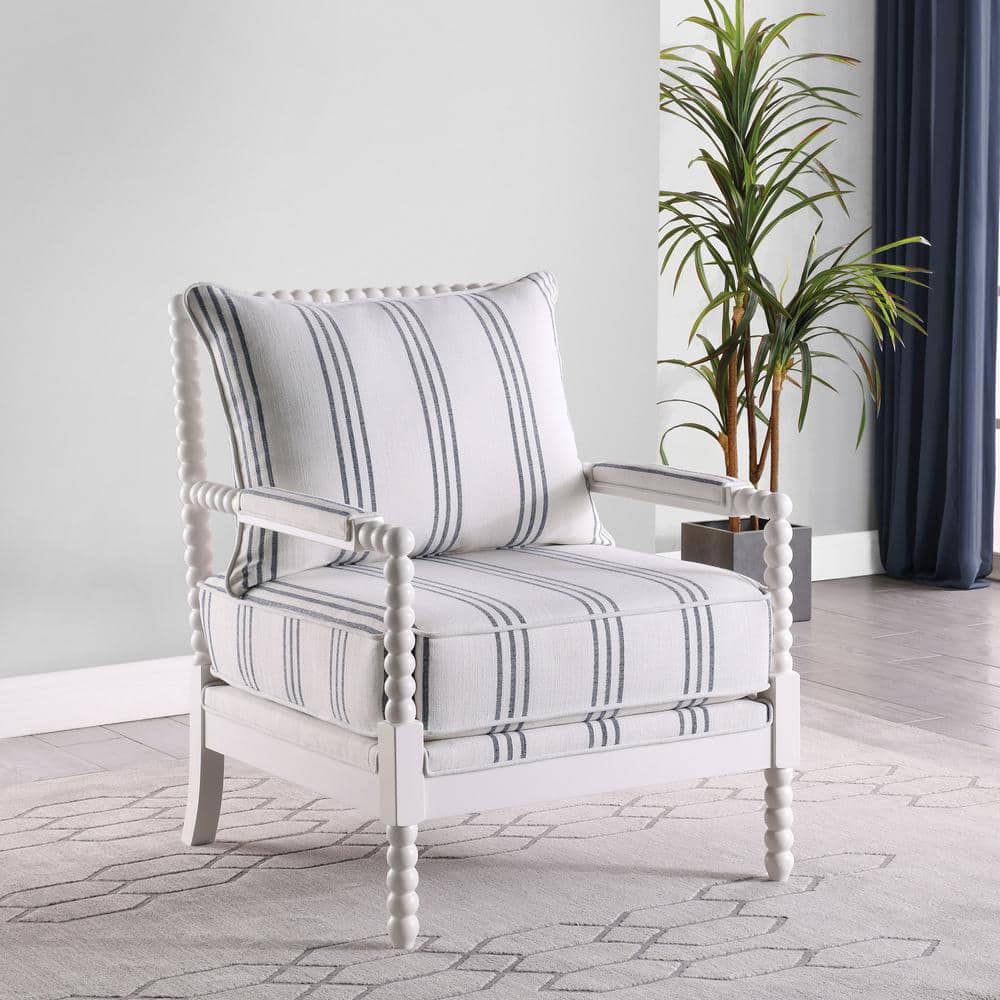 White Linen Barrel Accent Chair with Spindle Wood Frame