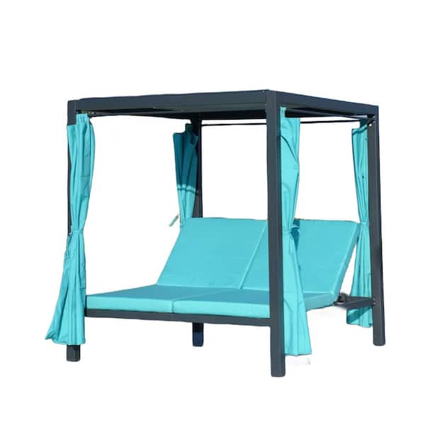 DIRECT WICKER Portal 1 of Piece Iron Metal Outdoor Loveseat Day Bed with Canopy and Lake Blue Cushions