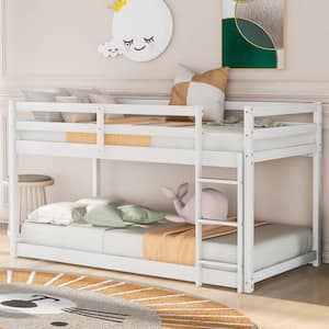 White Twin Over Twin Floor Bunk Bed with Ladder