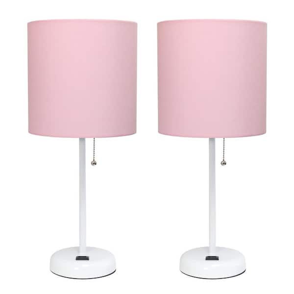 Creekwood home 19.5 in. Contemporary Bedside Duo, White Table Lamp 2-Pack Set with Power Outlet, Light Pink Shades
