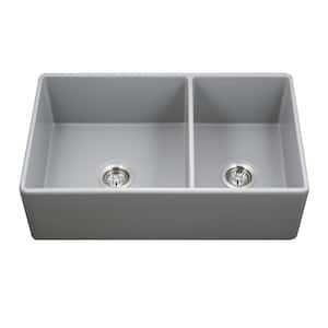 Grey Fireclay 33 in. Double Bowl Farmhouse Apron Front Kitchen Sink