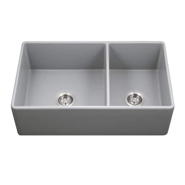 HOUZER Grey Fireclay 33 in. Double Bowl Farmhouse Apron Front Kitchen Sink