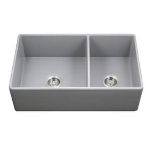 Houzer Platus 33 in. Gray Fireclay Apron Front Farmhouse 60/40 Double Small Right Bowl Sink - PTD-6040 GR