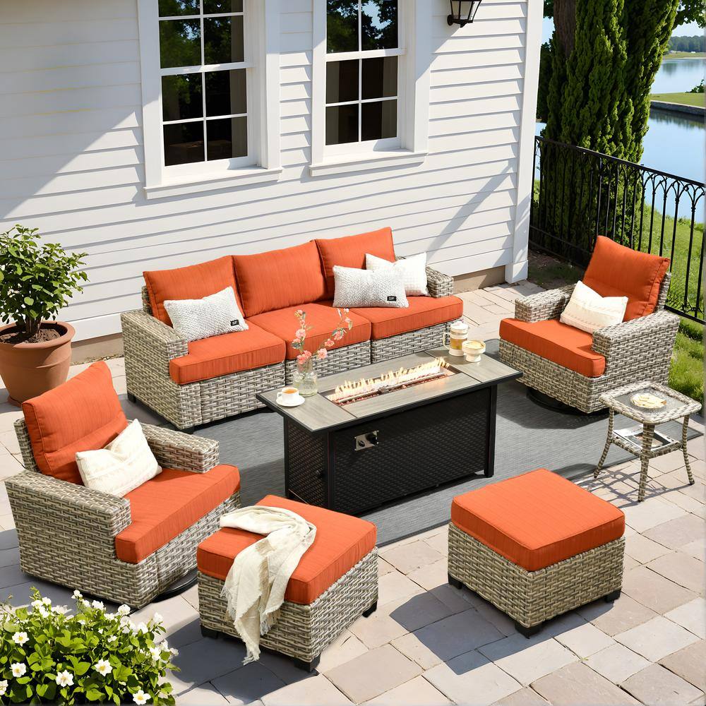 Kelleys 9-Piece Wicker Outdoor Patio Fire Pit Conversation Sofa Furniture Set with Swivel Chairs and Orange Red Cushions price history on PriceWatchPro