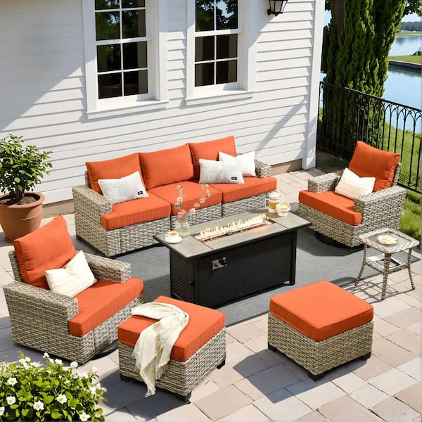 HOOOWOOO Kelleys 9-Piece Wicker Outdoor Patio Fire Pit Conversation Sofa Furniture Set with Swivel Chairs and Orange Red Cushions