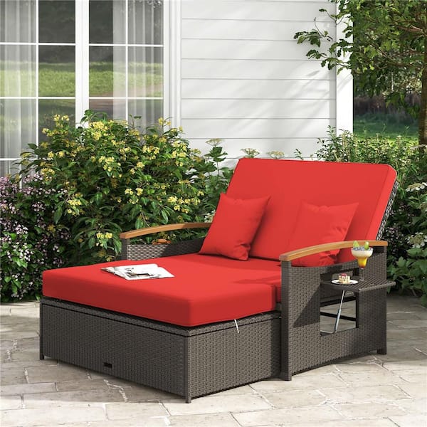 Costway 2-Piece Wicker Outdoor Day Bed Set with Cushioned Loveseat and Storage Ottoman for Porch with Red Cushions