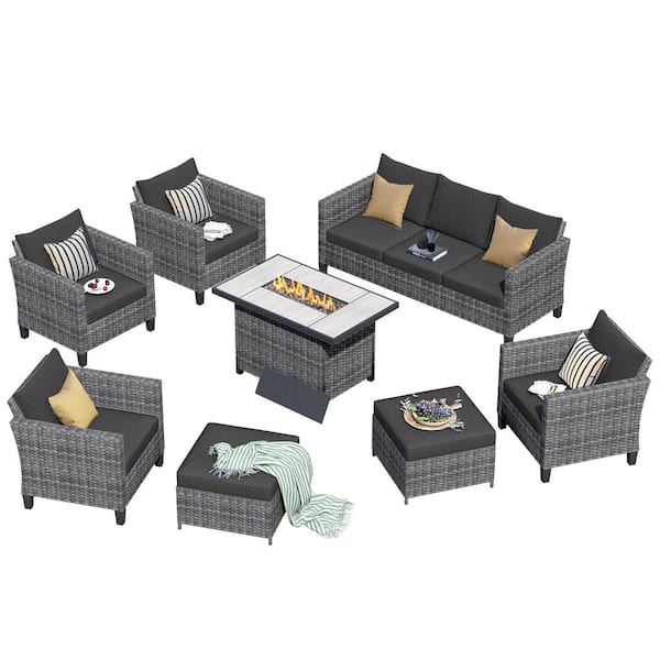 New Star Gray 8-Piece Wicker Patio Rectangle Fire Pit Conversation Seating Set with Black Cushions