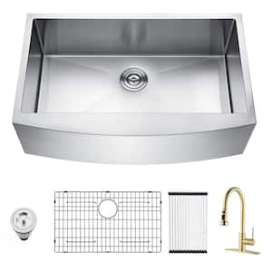 33 in Farmhouse/Apron-front Single Bowl 16-Gauge Stainless Steel Kitchen Sink with Brushed Gold Faucet