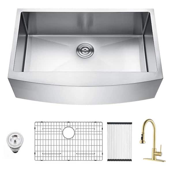 JimsMaison 33 in Farmhouse/Apron-front Single Bowl 16-Gauge Stainless Steel Kitchen Sink with Brushed Gold Faucet