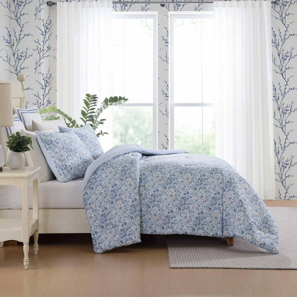 Twin Blue Cotton Reversible Floral Bedding Set