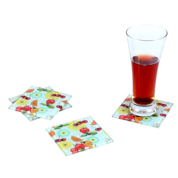 Creative Home 4 Piece Tempered Glass Coaster Set, Flower Pattern