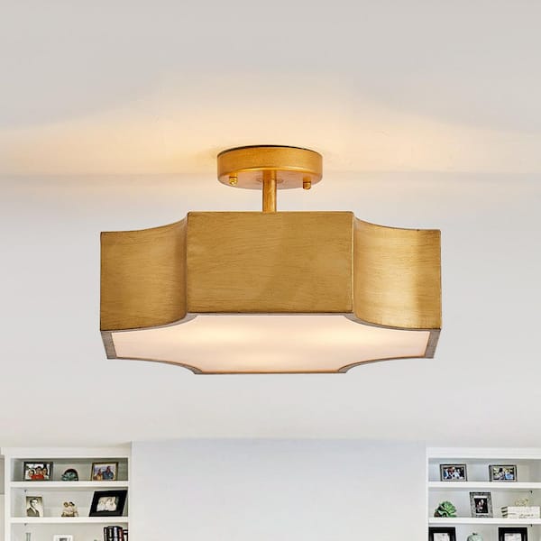 15 in. 3-Light Vintage Gold Metal Semi-Flush Mount with Shade