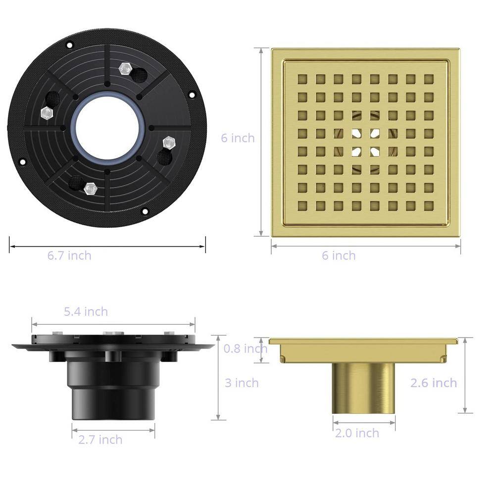 6-Inch Brushed Gold Stainless Steel Square Shower Drain