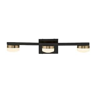 Fusion Puck 24 in. Matte Black LED Vanity Light Bar with Brass Accents and Opal Glass Shade