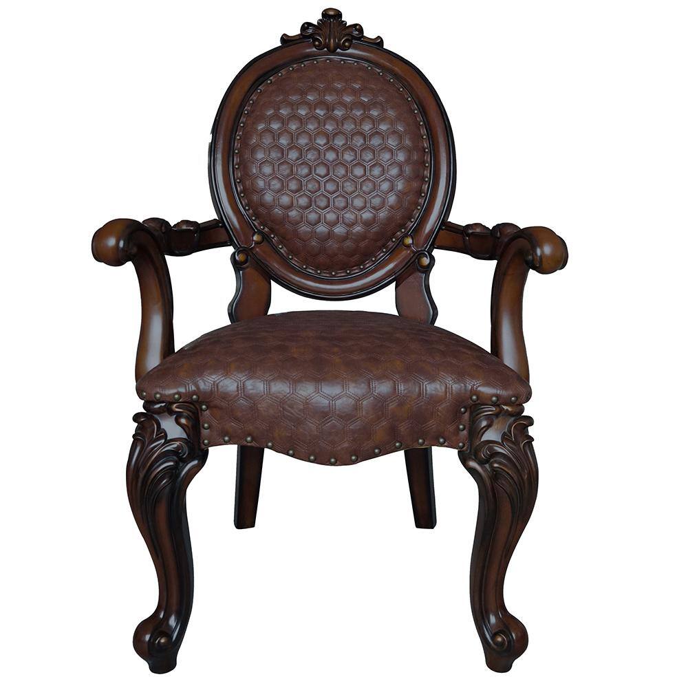 Elegant Faux Leather 25" Brown Wood Upholstered Arm Chair