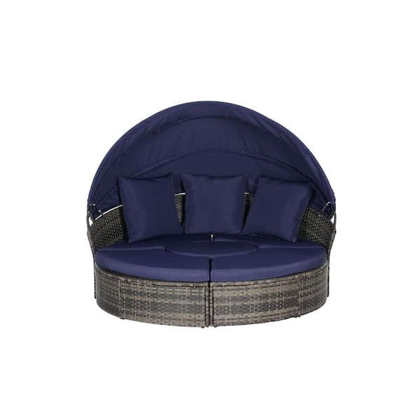 Sudzendf Gray Wicker Outdoor Patio Round Day Bed with Dark Blue Cushions and Retractable Canopy and Storable Table for Leisure