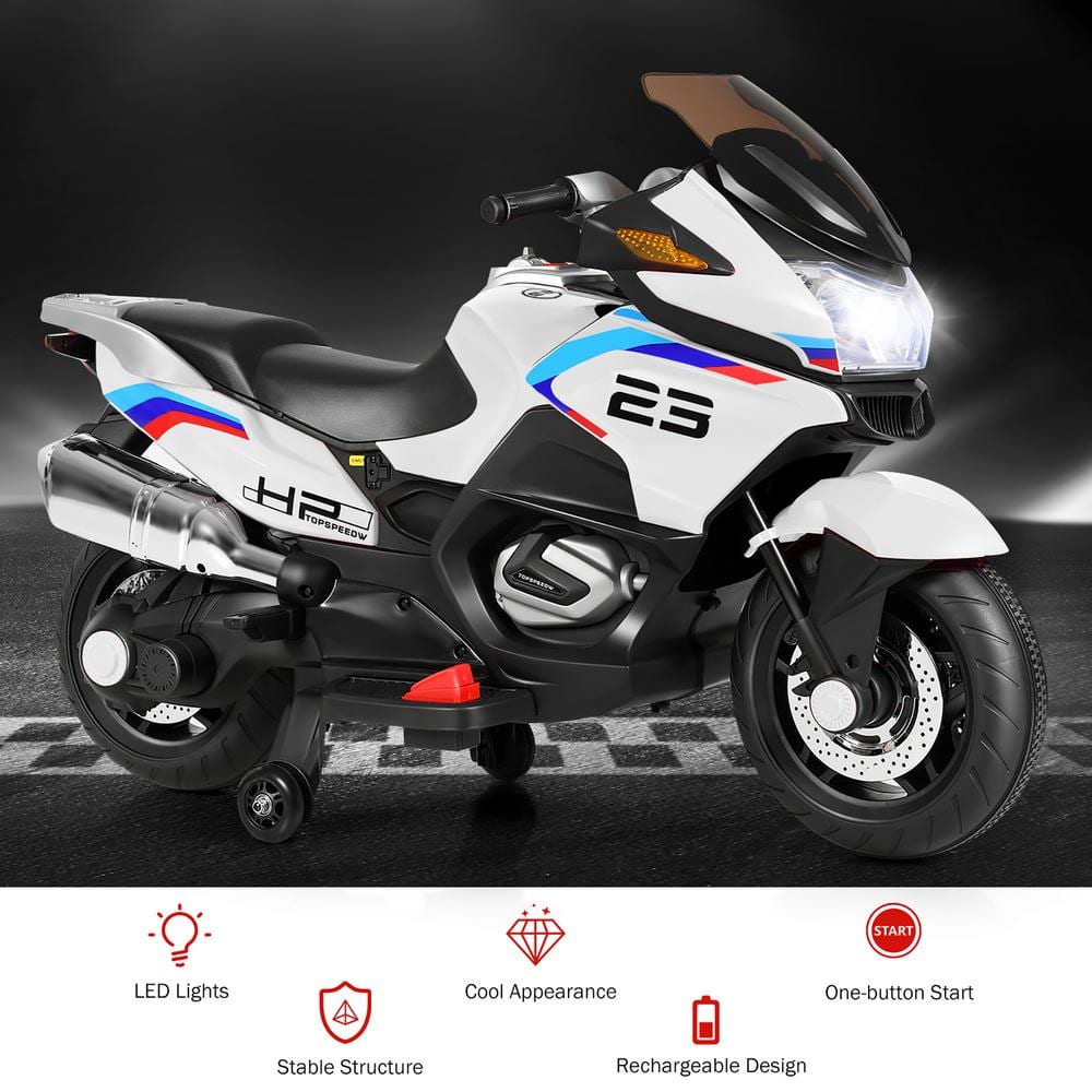 White 12-Volt Kids Ride-On Motorcycle with Training Wheels