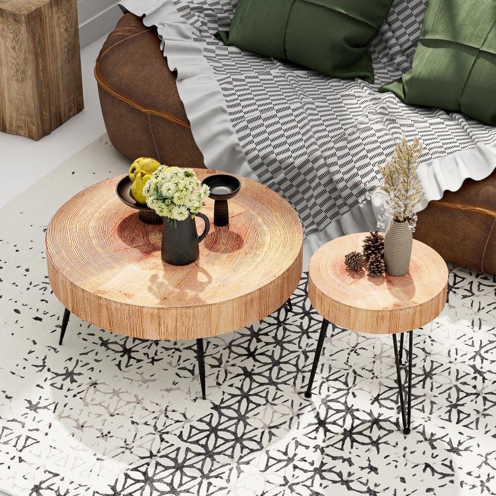 Light Red and Natural Wood Round Nesting Coffee Table Set