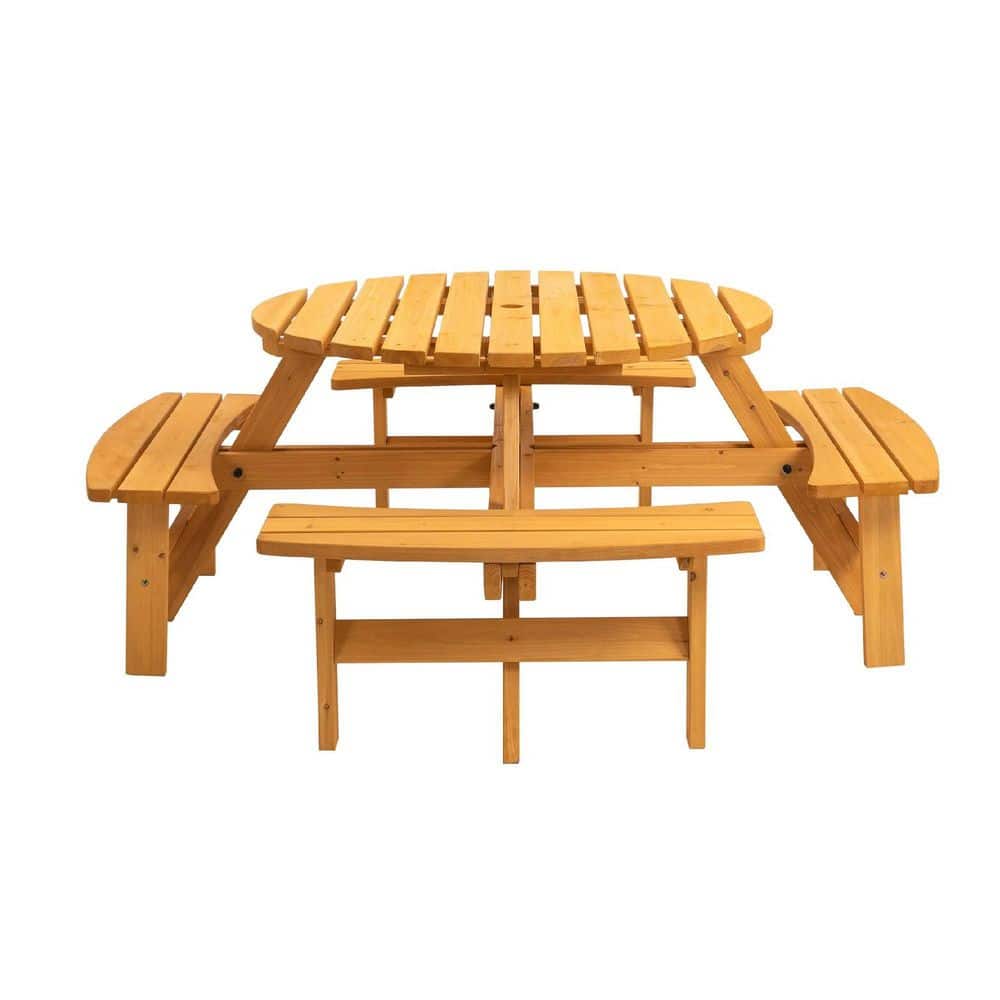 43.30 in. Natural Round Wood Picnic Table Seats 8 People with 4 Built-in Be