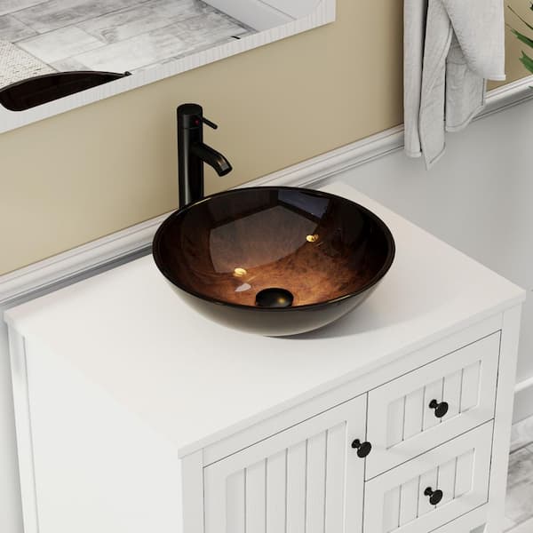 30 in. W x 20 in. D x 32 in. H Single Sink Freestanding White Bath Vanity with Brown Round Glass Vessel Sink Top