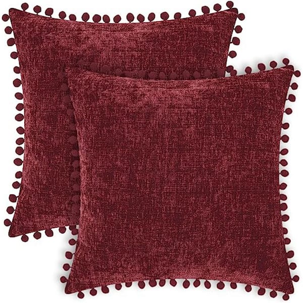 Unbranded Outdoor Throw Pillow Cases Cozy Solid Dyed Soft Chenille Cushion Covers with Pom Poms Pack of 2